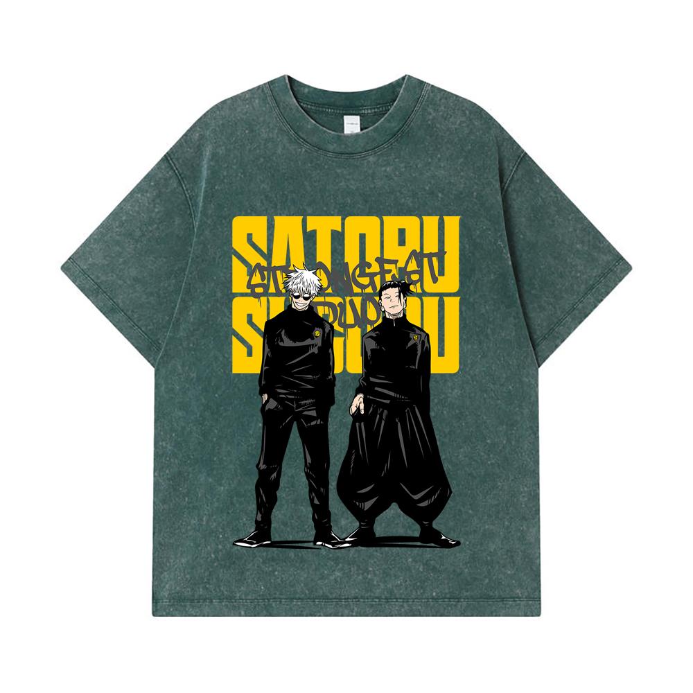 275 GSM Washed T-shirts 100% Cotton Jujutsu Kaisen V44 Gojo Geto Print Unisex Heavy Cotton T Shirt