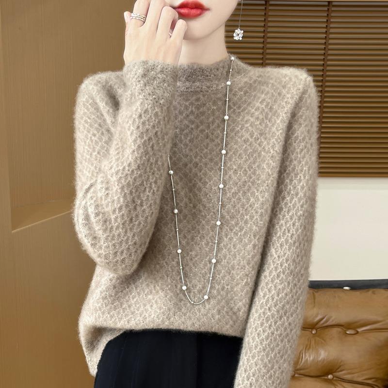 Autumn and winter pure wool seven-needle thickened semi-turtleneck knitted sweater long-sleeved women's honeycomb jacquard bottoming shirt