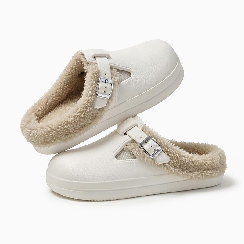 Модные зимние теплые меховые клоги-тапочки для женщин, водонепроницаемые нескользящие домашние тапочки из ЭВА, женская обувь для дома и улицы, толстые плюшевые хлопковые туфли