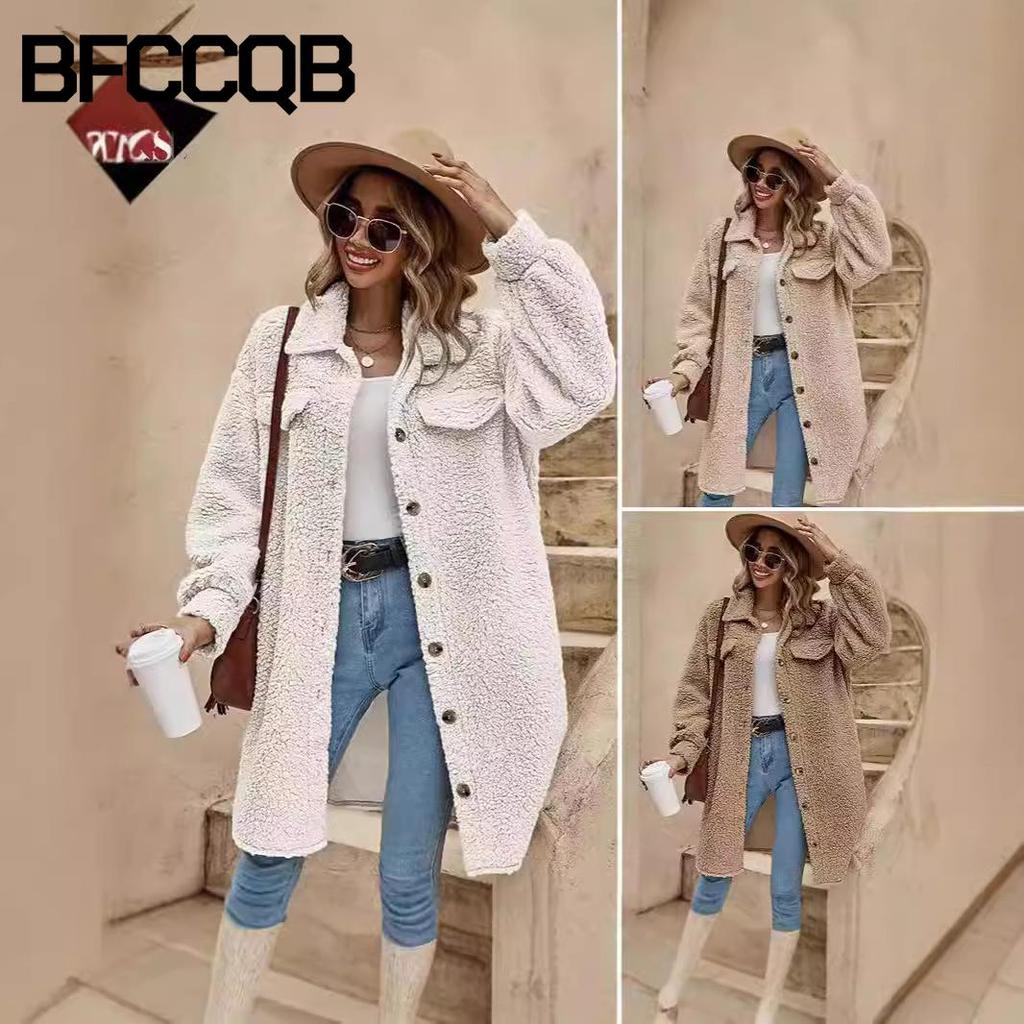 BFCCQB Женские винтажные повседневные однотонные куртки и пальто с воротником-поло с длинными рукавами и осенне-зимним принтом
