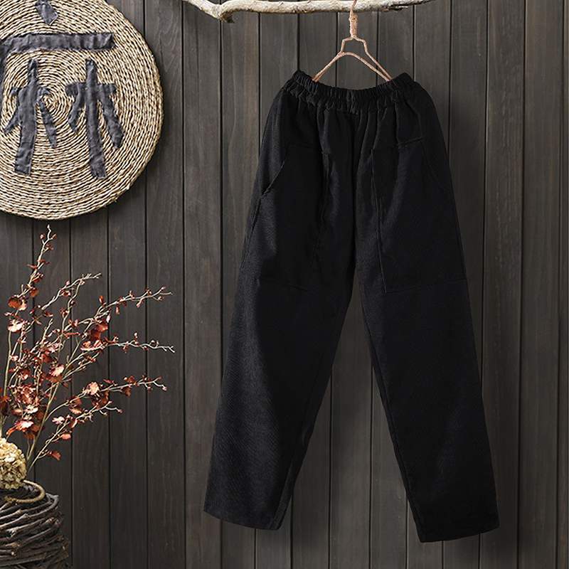 Женские вельветовые брюки с эластичной талией, однотонные длинные брюки, винтажные вельветовые шаровары, свободные брюки-репа, повседневные