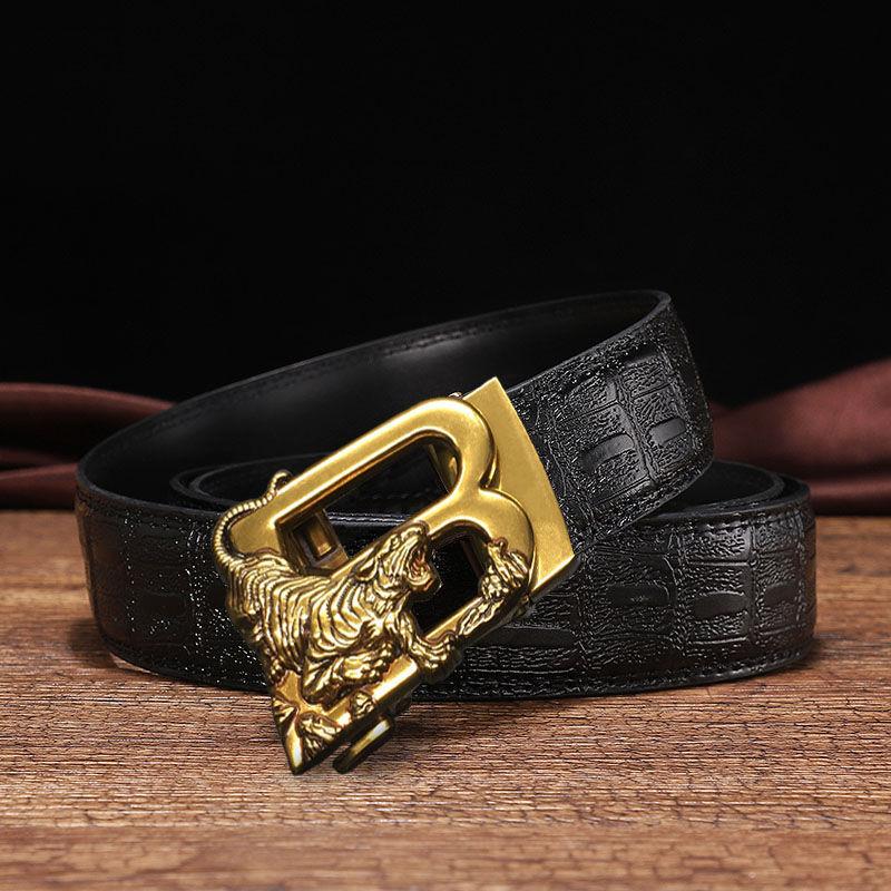 Men's Leather Belt with Automatic Buckle, Genuine Leather, Bronze Buckle, Faucet for Middle-aged and Young Business Casual Pants