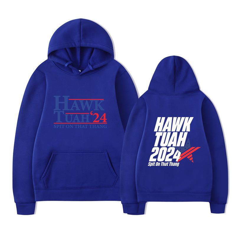 Hawk Tuah 2024 Hoodie – Unisex Black Fleece Lined Sweatshirt, "Spit On That Thang" Election Parody & USA Flag Graphic, Cozy Fall Winter Pullover