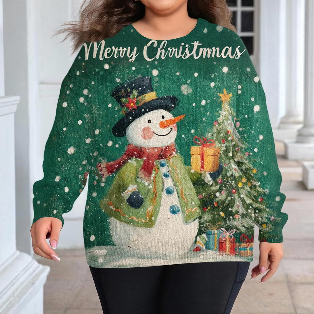 Ladies' Fashionable And Casual Christmas Cute Printed Round Neck Long Sleeved Knitted Yarn