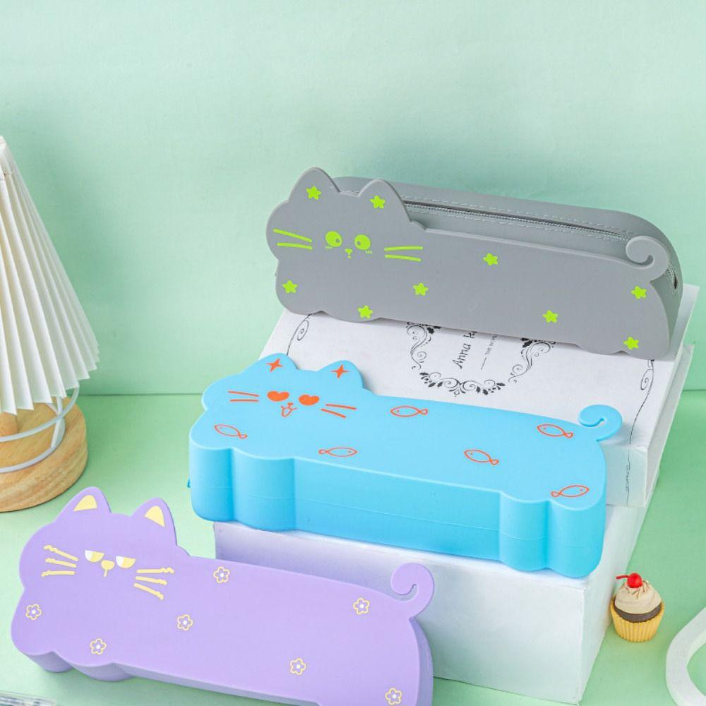 Silicone Pen Pouch Cat Shape Stationery Box Multifunctional Storage Bag Student