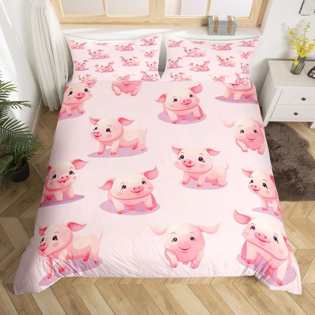 Pink Pig Bedding Set King Queen Sleeping Pig Duvet Cover For Kids Boys Girls Kawaii Animals Comforter Cover With 2 Pillowcases