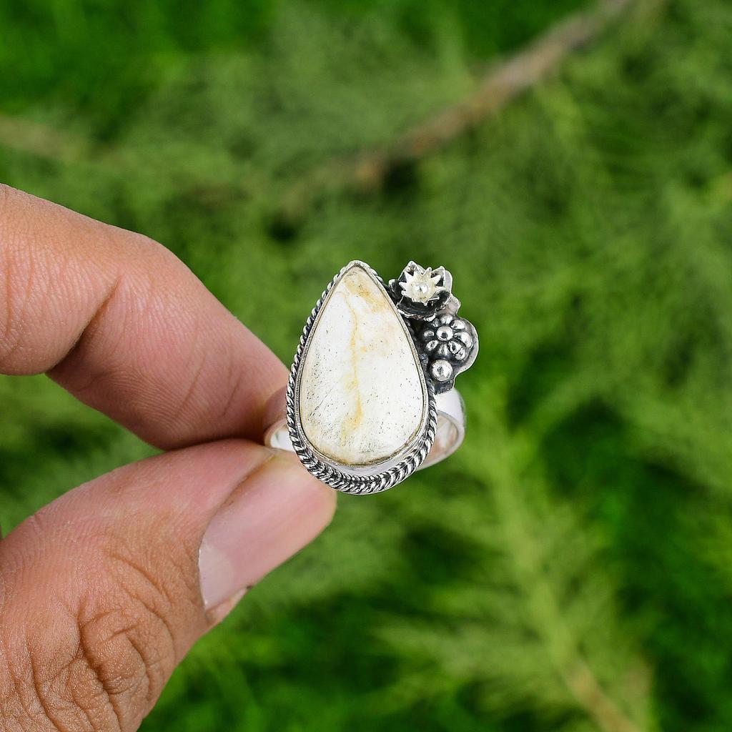 925 Sterling Silver Natural Scolecite Boho Flower Bezel Statement Ring Jewelry
