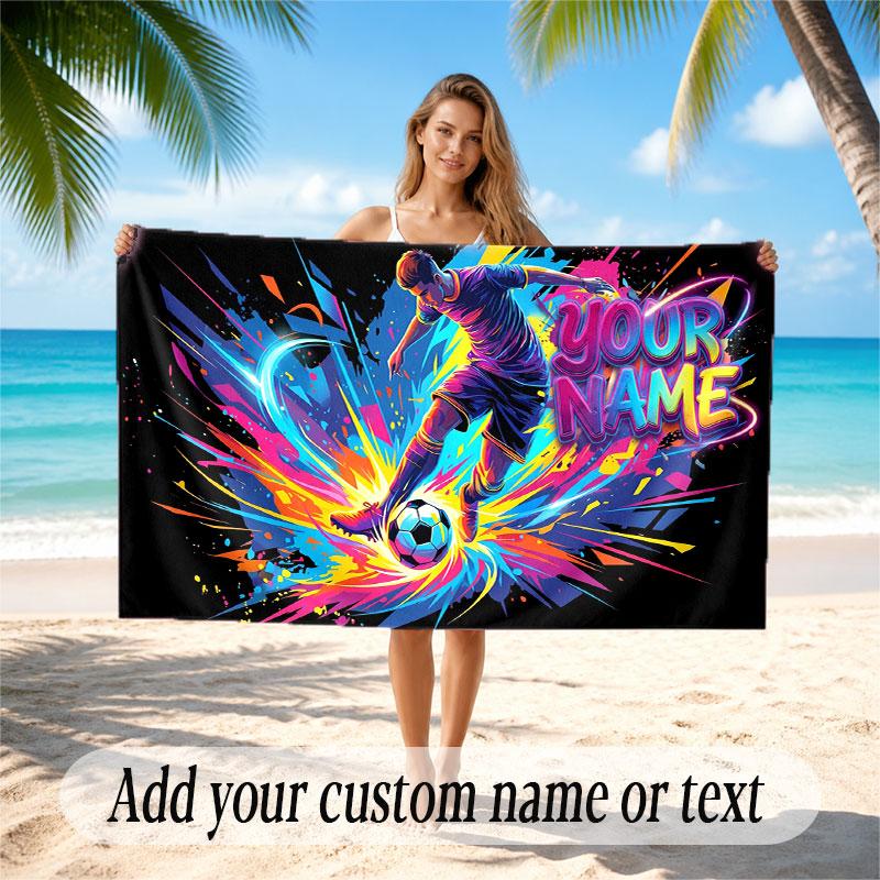 Soccer Theme Beach Towel Personalized Custom Name & Text Soft Quick Dry Beach Towel for Swimming Travel