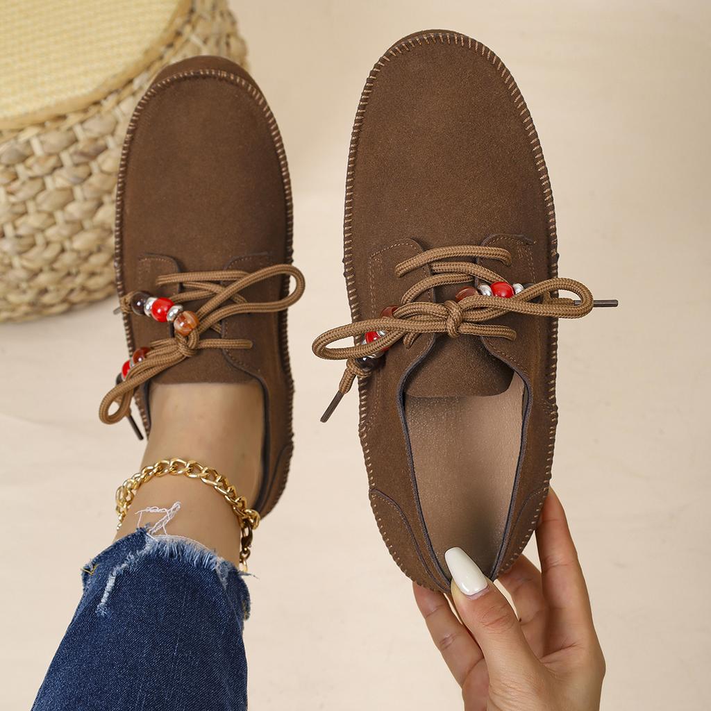 Женские лоферы 2025 года, тупой носок, шнуровка, туфли с бусинами, повседневные весенне-осенние кроссовки, женская обувь в стиле ретро, обувь больших размеров для женщин