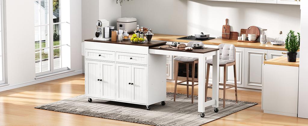 Kitchen Island on Wheels, Extendable Dining Area with Countertop and Drawers, Mobile Freestanding, Ideal for Kitchen and Dining Room (White+Walnut)