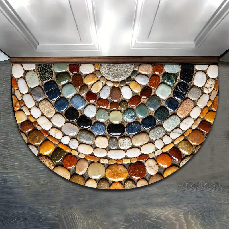Colorful 3D Pebble Half Round Bath Mat, Non‑Slip Water Absorbent Natural Stone Bathroom Floor Rug