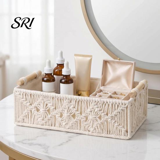 Neat Countertop Storage Box with Wooden Handles Large Capacity Basket Sturdy Frame Organizer Woven Design for Cosmetics And Sundries Space-saving