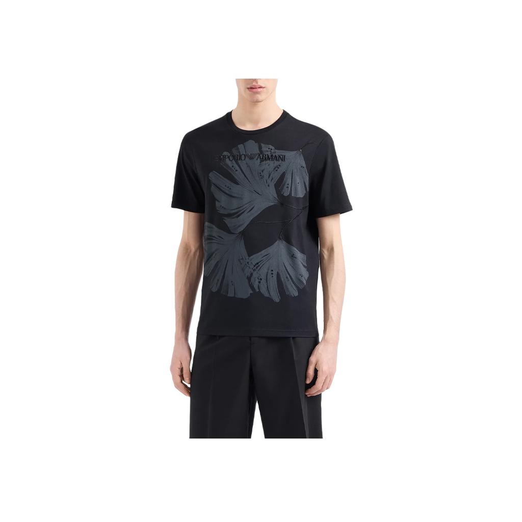 Emporio Armani SS24 Логотип Растительный узор Печатная футболка с круглым вырезом Повседневная с коротким рукавом Мужские топы Черный 3D1T6U-1J7FZ-10069