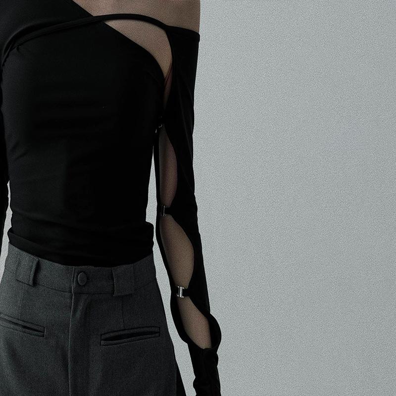 Готический гранж, новый модный дизайн, женские топы с диагональным воротником, тонкий пуловер, повседневная шикарная футболка с длинными рукавами, женская