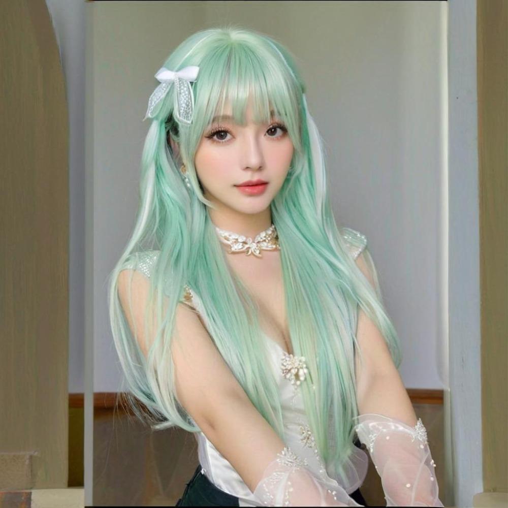 Lolita Mint Green Anime Cosplay Wigs Heat Resistant Synthetic Wigs with Bangs Daily