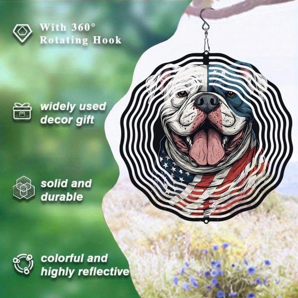 American Flag Dog Design 3D Metal Wind Chime for Outdoor Garden Patio Indoor Decor Holiday Festival Party Gift Rotating Wind Spinner