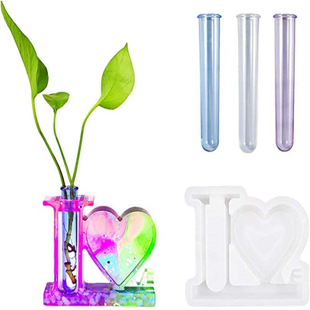 Diy Silicone Mold Love-shaped Photo Frame Flower Arrangement Device Desktop Decoration Epoxy Resin Die (including 3 Transparent Test Tubes)