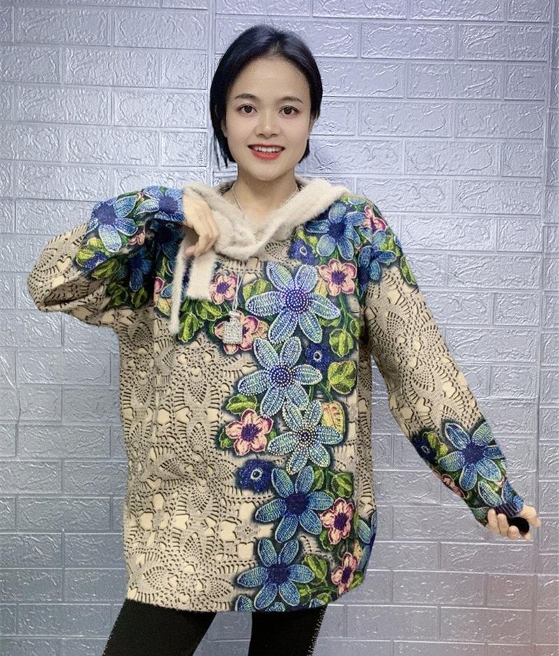 2023 Hooded Mink Velvet Rhinestone Print Oversized Sweater - Stylish and Versatile Long Sleeve Knitwear