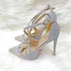 Fashionable New Silver Colored Diamond Mesh High Heels, Women's Thin Heeled Pointed Shoes, Cross Strap Sandals