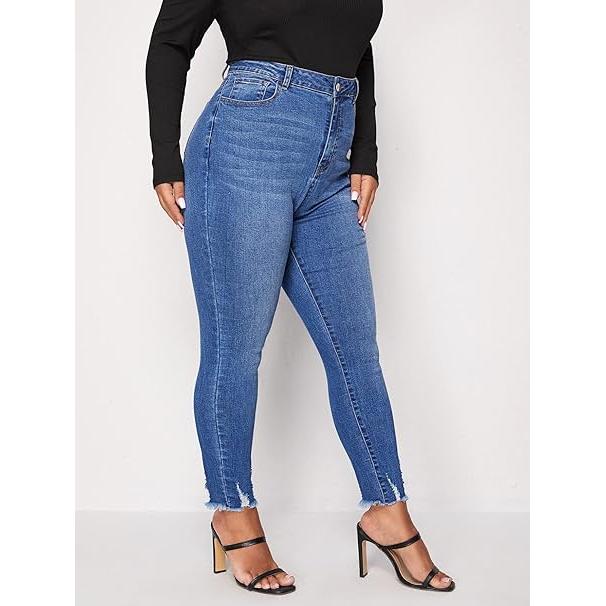 Women's Casual Style Blue Stretch Slim Skinny Jeans Plus Size Ripped Denim Pencil Pants Autumn Fashionable Solid Washed Waist