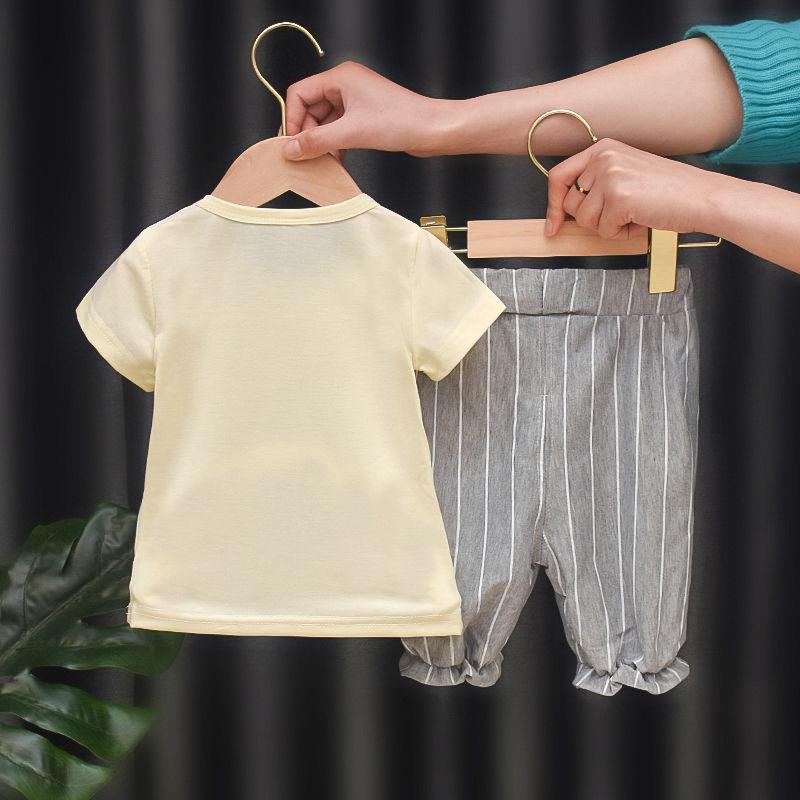 Комплект детской одежды из 2 предметов, весенне-летние костюмы для девочек, топ с короткими рукавами с принтом + брюки, комплект одежды