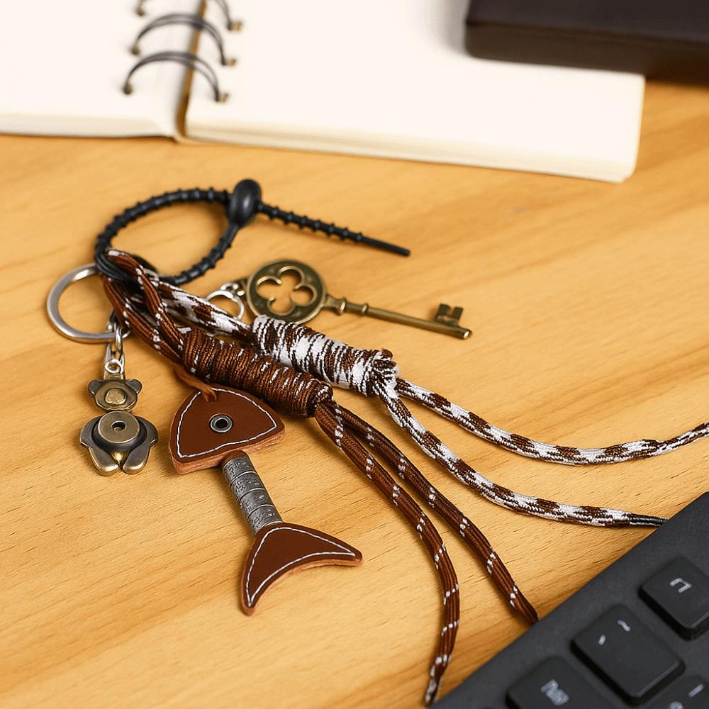 Bag Hanging Vintage Bear Key Pendant PU Leather Woven Ropes Keyring Girls Couple Girlfriends