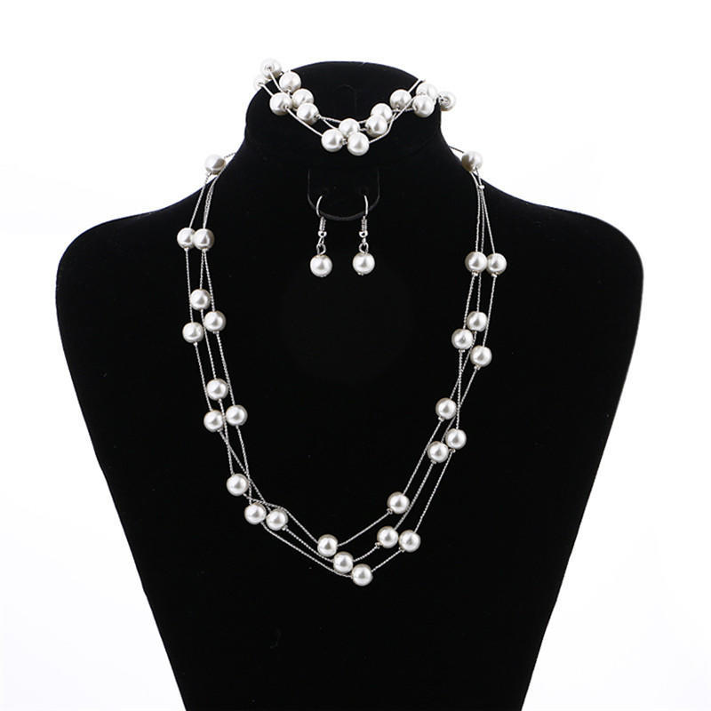 Многослойное жемчужное ожерелье серьги браслет комплект ювелирных изделий свадьба невеста