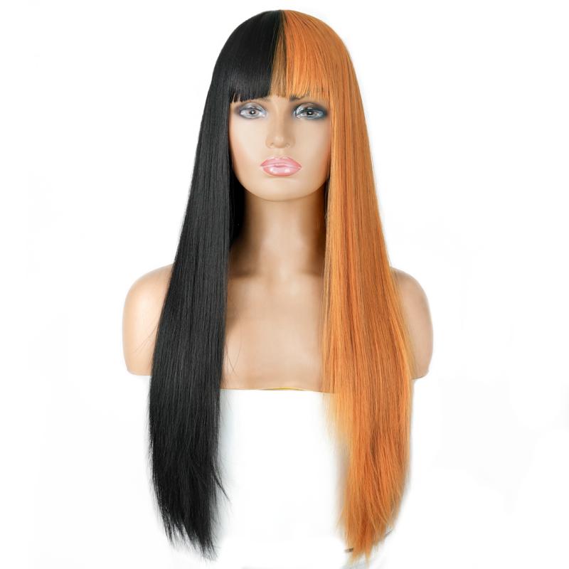 MISS WIG Длинный прямой парик Косплей Черный Серый Парик для женщин с челкой Парик из синтетического высокотемпературного волокна
