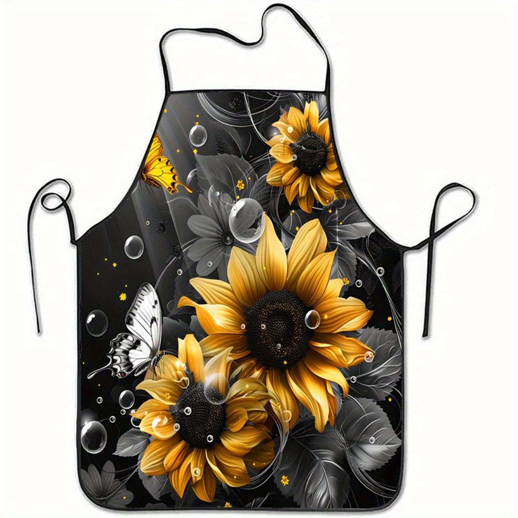 Sunflower & Butterfly Art Print Sleeveless Polyester Apron with Dark Background, Durable Easy-Clean Kitchen Baking Cooking Work