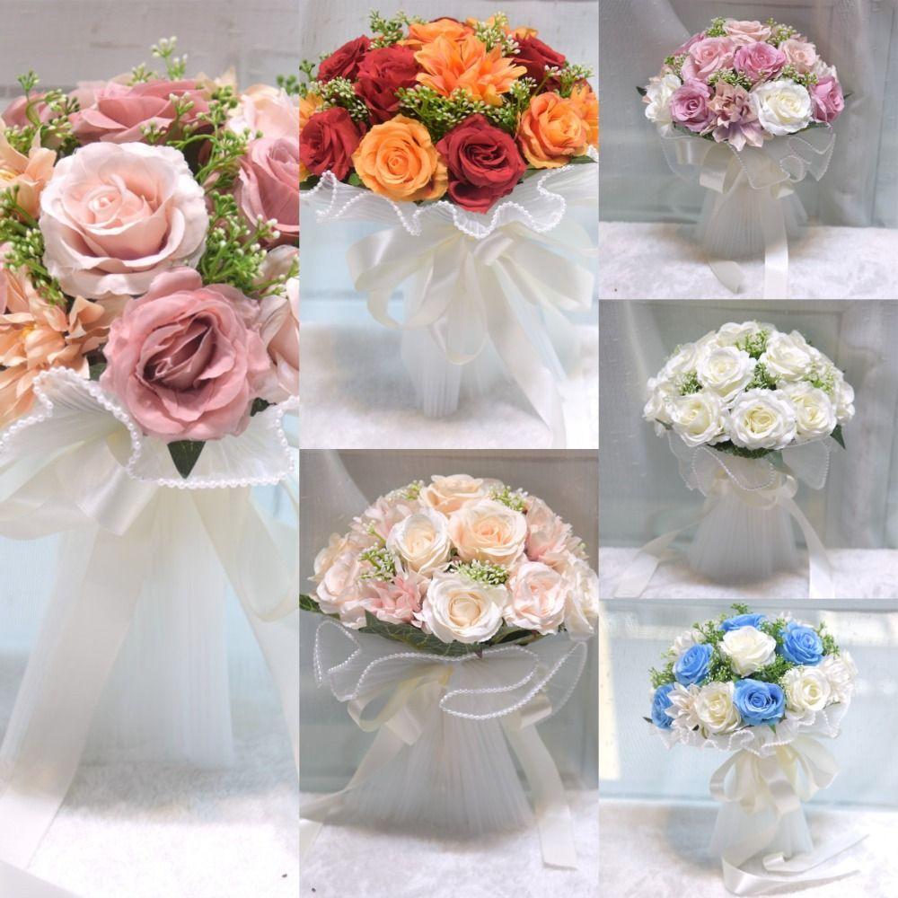 Свадебный букет из жемчужного кружева и сетки с шелковой лентой, букет из искусственных цветов, декор для свадьбы