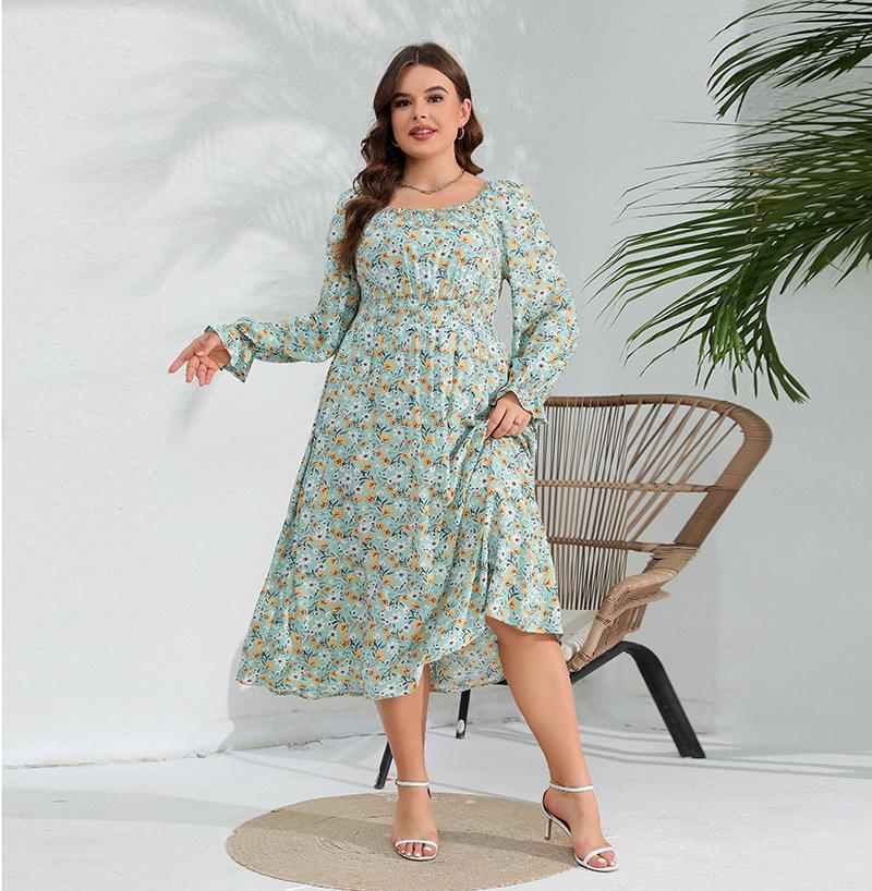 Весеннее женское платье размера плюс с длинным рукавом с цветочным принтом и эластичной резинкой на талии Элегантное длинное платье с рюшами и рукавами