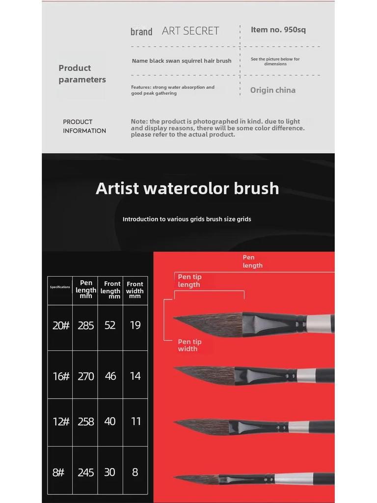 Корейская акварельная кисть Artsecret из серого беличьего ворса 950DS, размеры 8/12/16/20