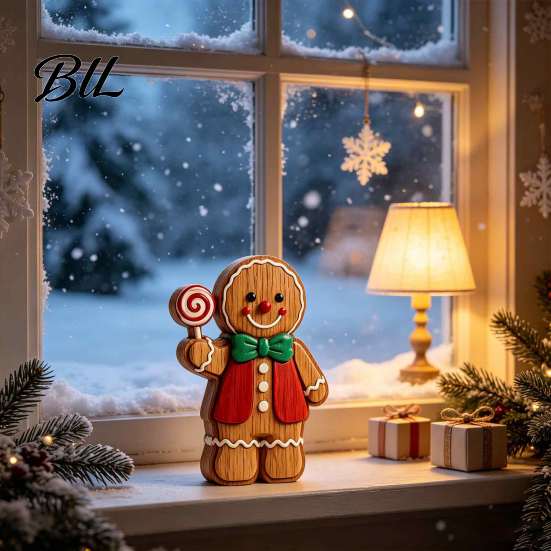 Festive Window Display Cartoon Gingerbread Wooden Ornament, Double-sided Printed Desktop Tabletop Figurines, Christmas Showcase Ornaments Decorative