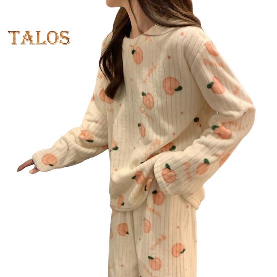 2 шт./комплект Женская зимняя пижама с круглым вырезом и рисунком медведя и персика, длинный рукав, коралловый флис, домашняя одежда, топ и штаны, комплект, свободная домашняя одежда для женщин