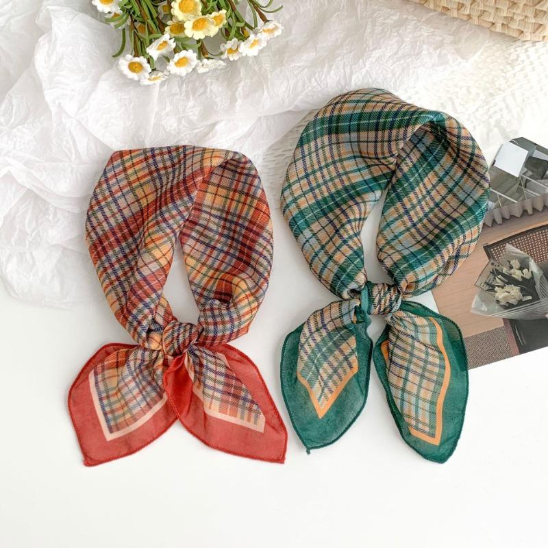 Шелковый шарф на шею маленький квадратный шарф высококачественный новый универсальный клетчатый платок летний женский пасторальный ободок для волос завязанный лентой для волос