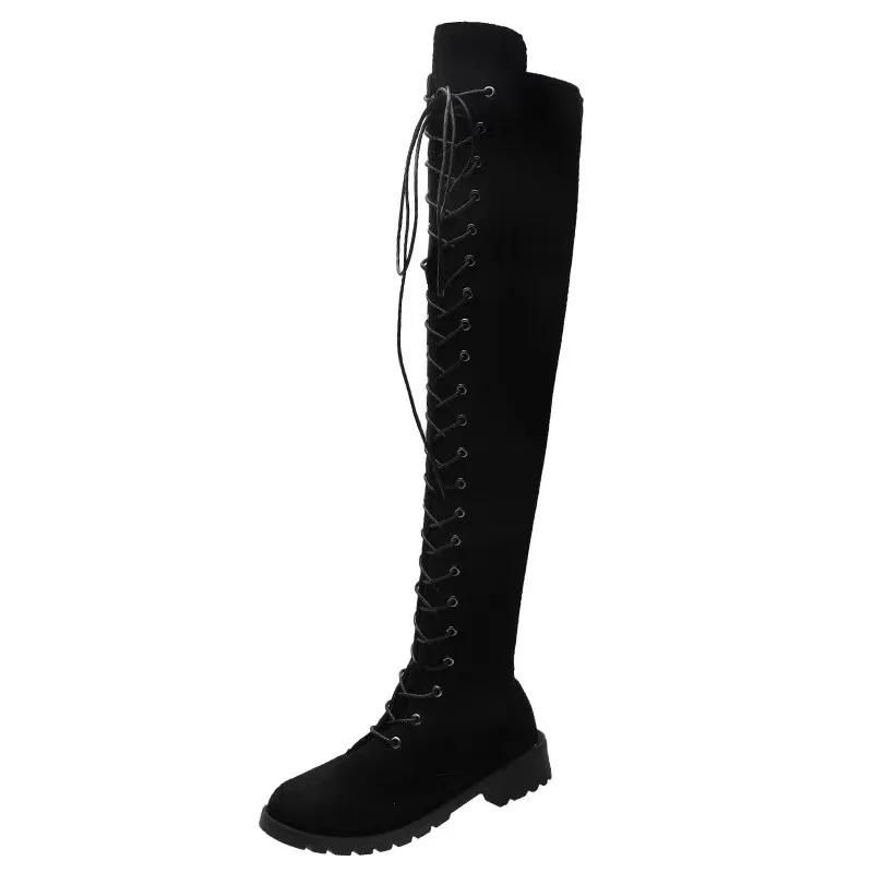Fashion Casual Women's Boots Low Heels Flock Over Knee Boots for Woman 2024 New Cross Strap Lace Up Fashion Female Thigh High Boots