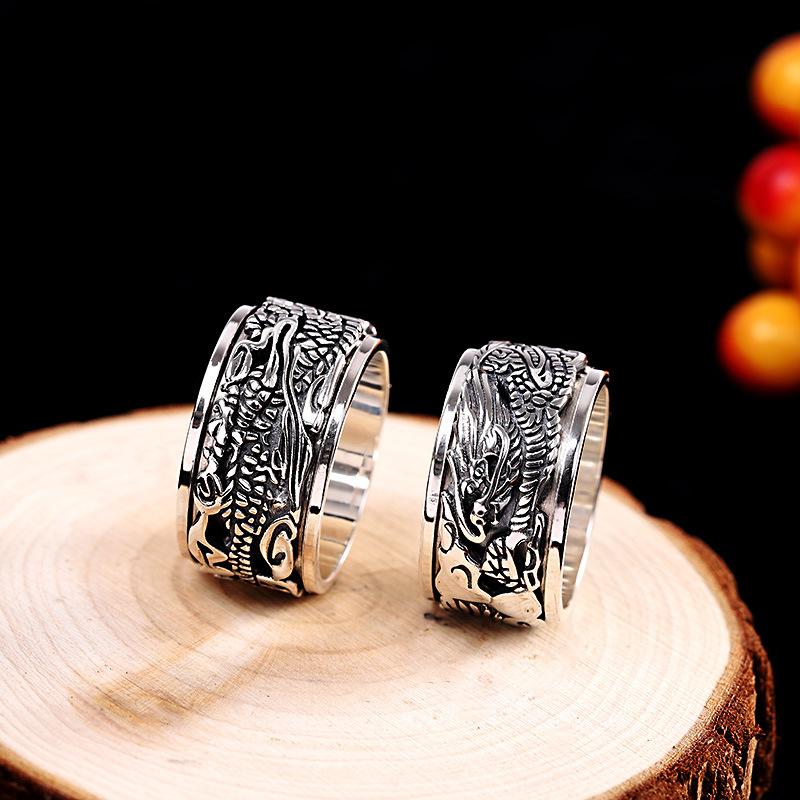 Кольцо с драконом из настоящего стерлингового серебра S925, двойной слой, вращающееся, закрытое, ширина 12 мм, для мужчин и женщин, тонкое ювелирное изделие, подарок