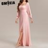 Women's Multi-Wear Elegant Strapless Elastic Long Sleeve Back Zipper High Slit A-line Chiffon Dress