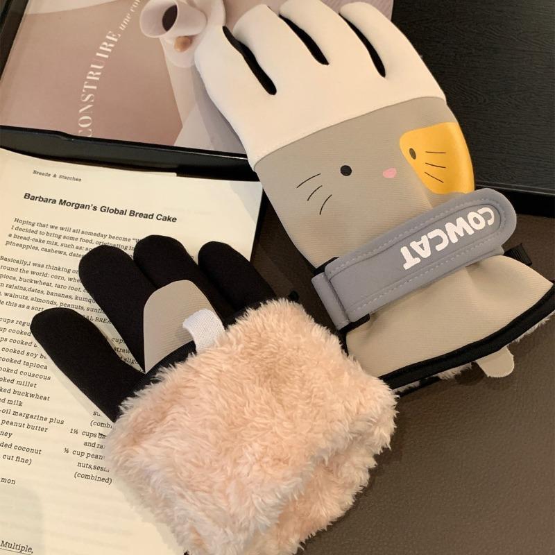 Осень и зима теплые водонепроницаемые и нескользящие перчатки милые кошачьи бархатные утолщенные студенческие женские для бега на открытом воздухе верховой езды