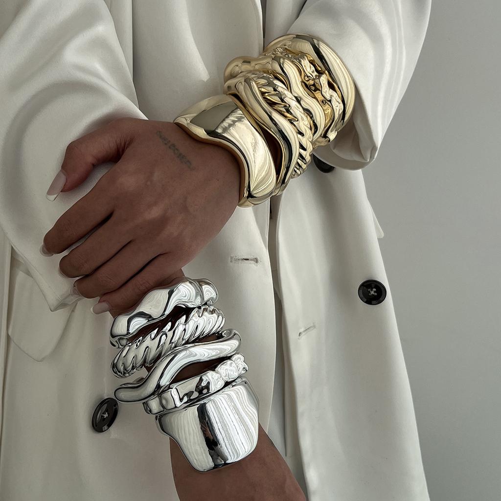 Exaggerated Punk Irregular CCB Metal Chunky Cuff Bangles for Women Hip Hop Gold Color Wide Bracelet Steampunk Men Jewelry