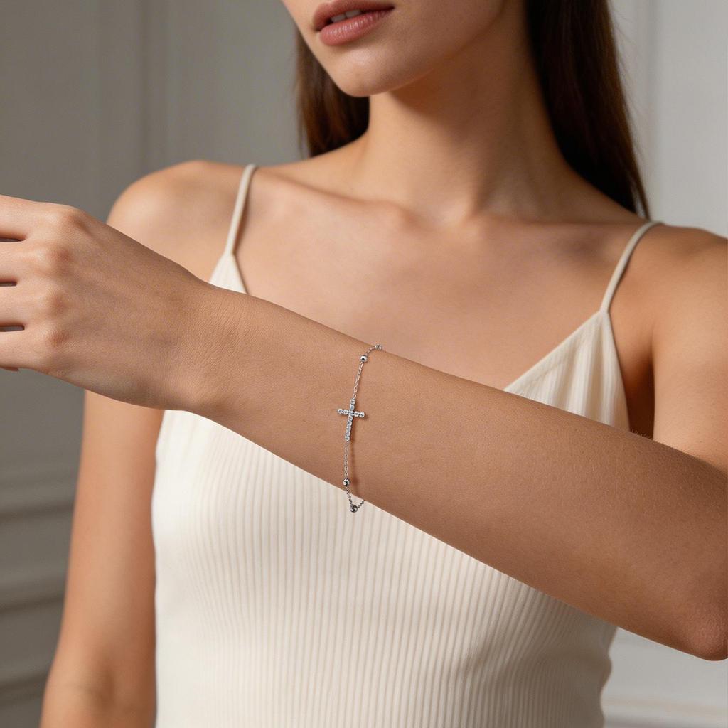 Браслет-крестик из кристаллов 18K PVD-покрытие Цепочка из бусин Религиозные украшения для женщин Нержавеющая сталь Браслет-манжета Cruz Водонепроницаемый