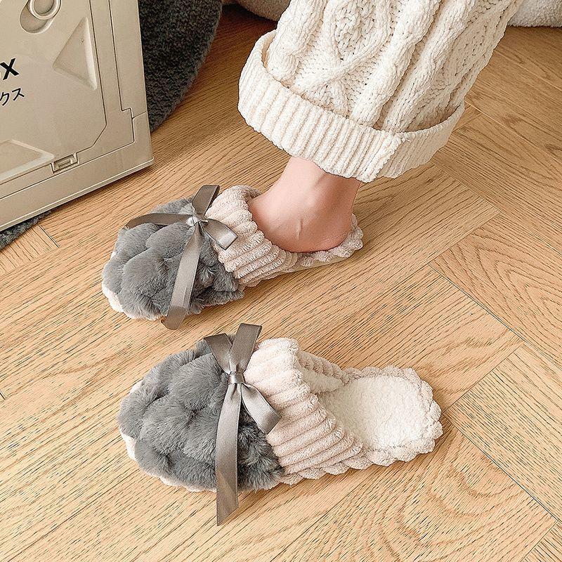Cute bow cotton slippers women's plush 2025 autumn and winter new indoor furniture non-slip thick-soled fluffy slippers