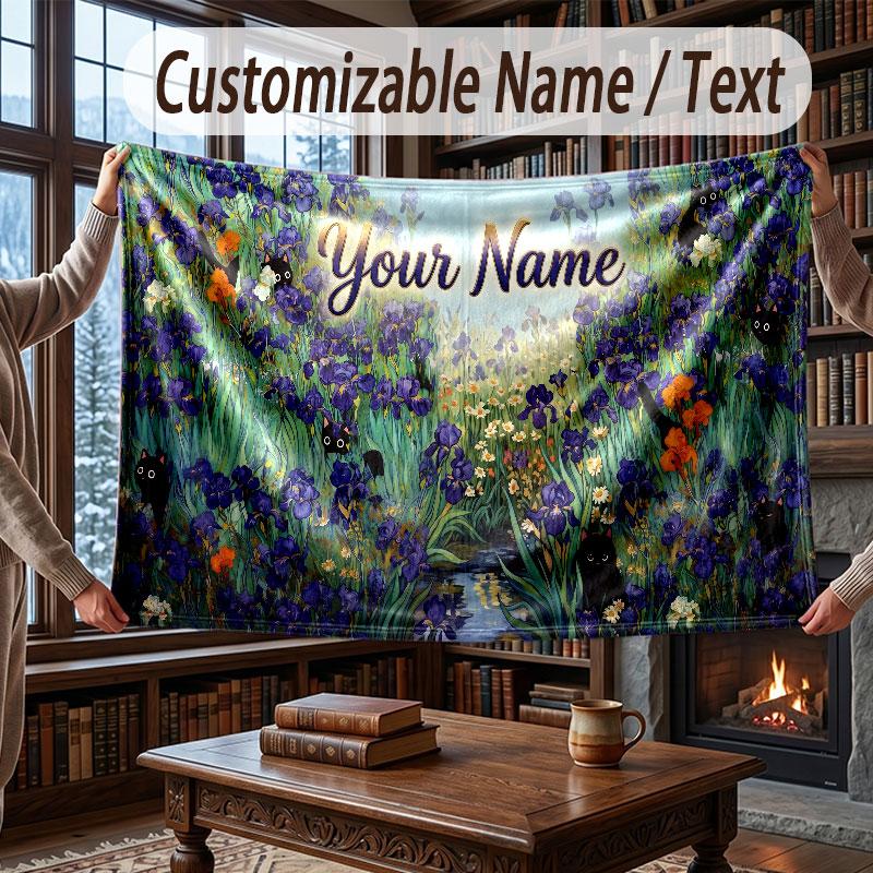 Floral Garden Theme Throw Blanket Custom Name Text Personalized Blanket Soft Cozy Blanket for Home Sofa Bed