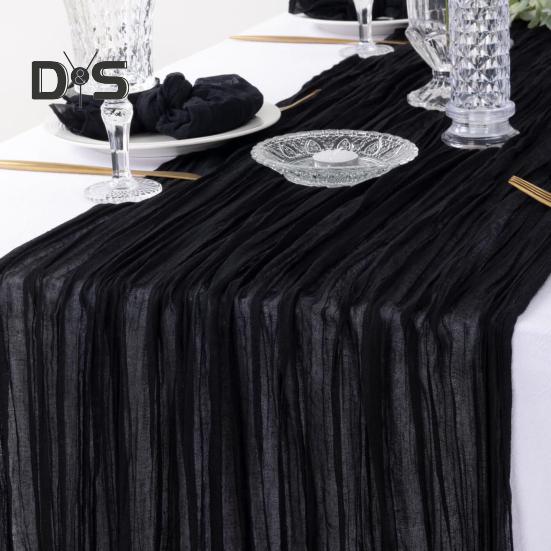 Дорожка для стола на свадьбу, марлевая, в стиле Хэллоуина, плиссированная, чистого черного цвета, устойчивая к пятнам, многоразовая, для защиты стола, украшения, для банкета, выпускного вечера