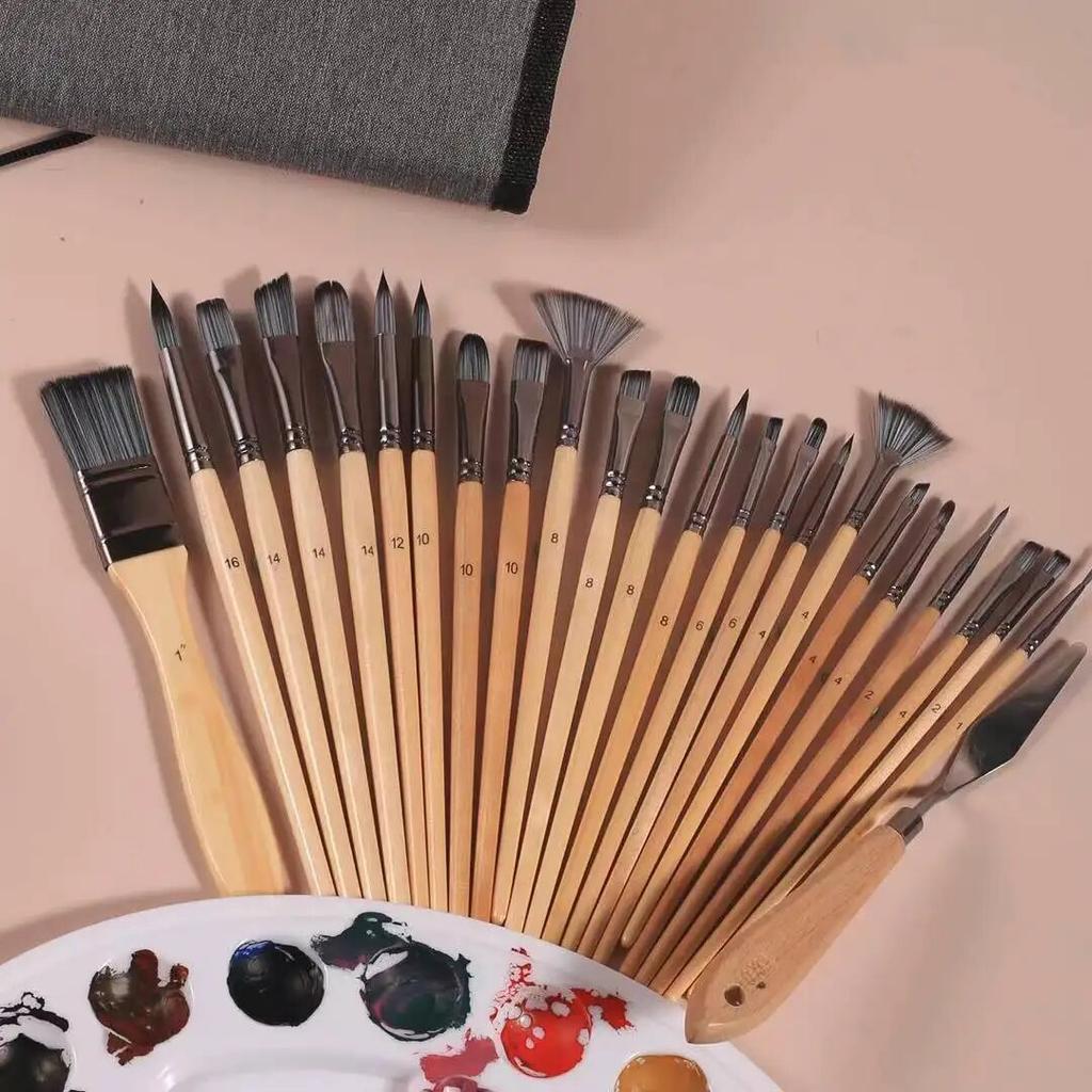 24 Piece High-quality Nylon Hair Birch Short Rod Artist Paint Brush Set Applicable To Watercolor and Acrylic Painting Art Supply