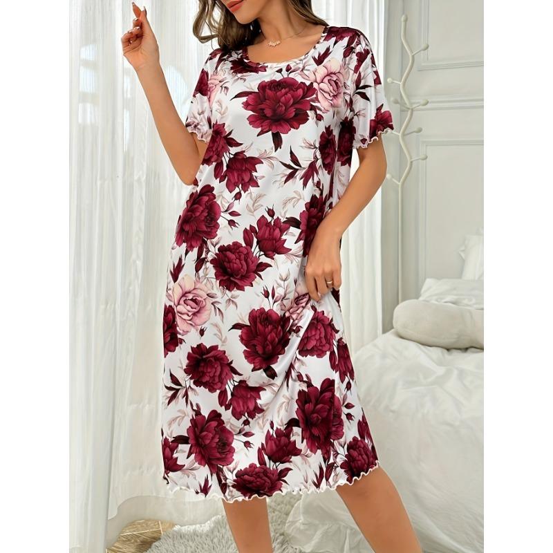 Большой размер, круглый вырез, короткий рукав, синий цвет с цветами абрикоса, домашняя одежда, ночная рубашка, платье, повседневный стиль, женская одежда с принтом