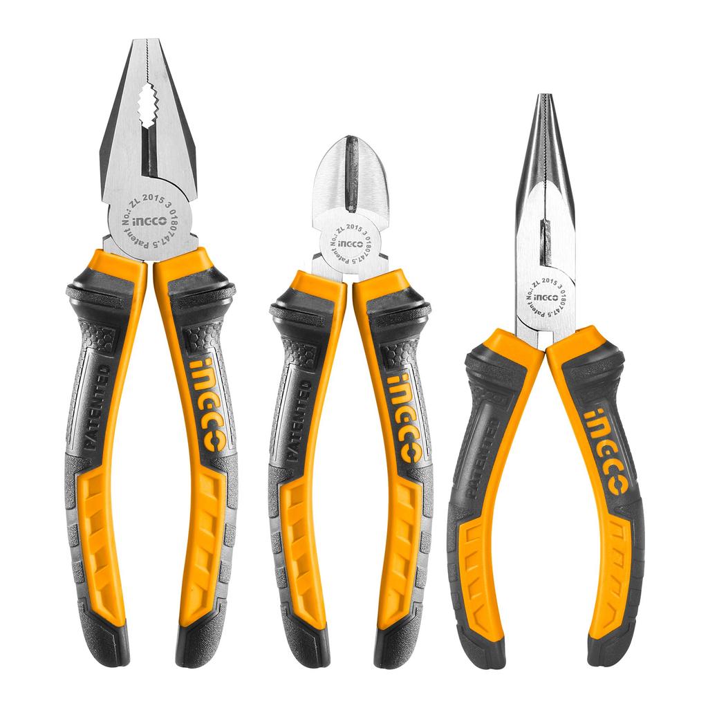 INGCO 3-Piece High-Leverage Pliers Set (HKPS08318) - Includes 200mm Pliers, 160mm Nippers, and 160mm Long Nose Pliers