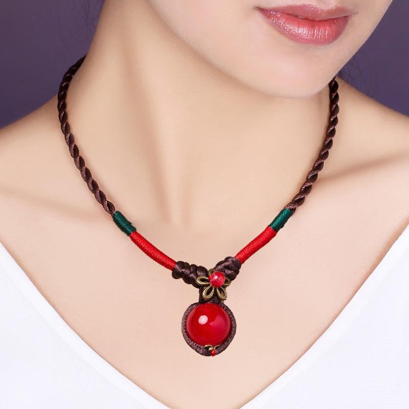 GEMCHIC Женское винтажное этническое ожерелье-чокер с подвеской из красной фасоли и стеклом, на плетёном шнурке, цепочка на ключицы, с комплектом matching сережек и браслета