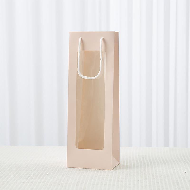 New Single Red Wine Tote Bag Window Transparent PVC Kraft Paper Flower Doll Rectangular Gift Packaging Bag