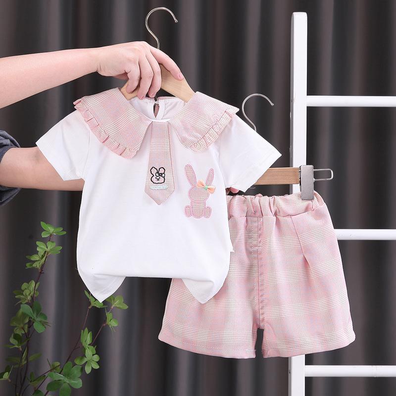 Cute Girls Summer Two Piece Set With Lace Rabbit Bow Tie Short Sleeve Top And Shorts Fashionable Toddler Outfit